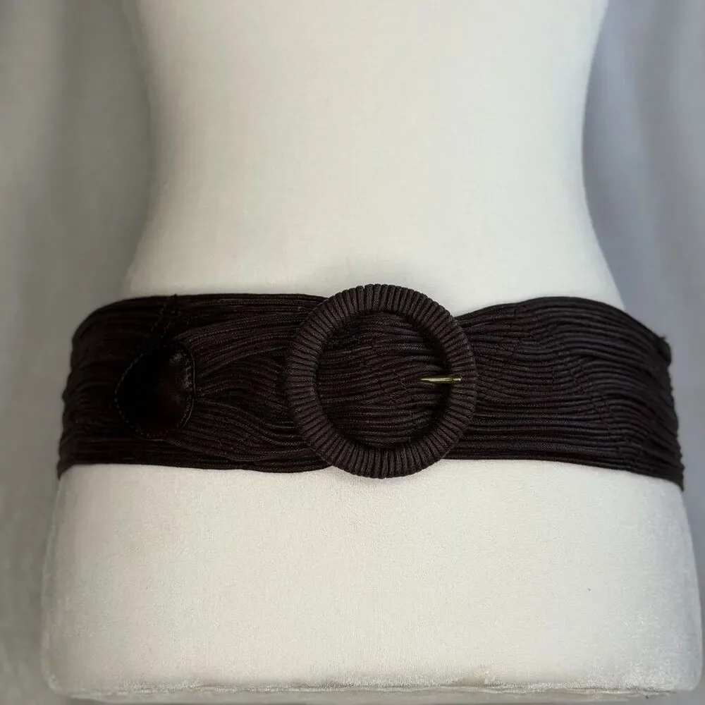 Coldwater‎ Creek Brown Wide Woven Cotton Belt Faux Leather Accents Statement S/M